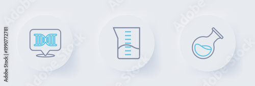 Set line Test tube and flask, Laboratory glassware or beaker and DNA symbol icon. Vector