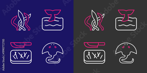 Set line Stingray, Cutting board and knife, Whale tail ocean wave and Seaweed icon. Vector