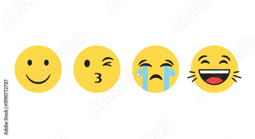 Set of Four Expressive Yellow Emoji Faces Depicting Happy, Kiss, Crying, and Laughing Emotions on isolated white background