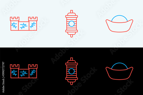 Set line Sushi, Great wall of China and Chinese paper lantern icon. Vector
