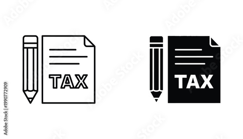 Tax document icon set with pencil and paper symbols for financial accounting and business reporting