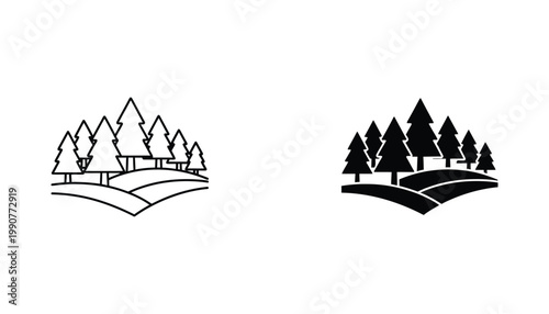 Set of line and solid icons depicting coniferous forest landscape for environmental and nature projects