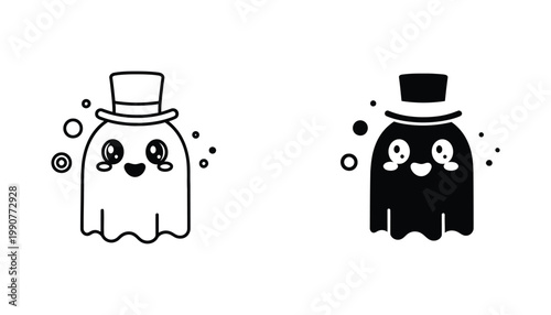Cute ghost wearing a top hat icon set in outline and solid black vector style for halloween branding