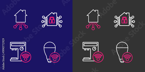 Set line Smart light bulb, coffee machine, home and icon. Vector