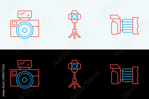 Set line Photo camera, with flash and Softbox light icon. Vector