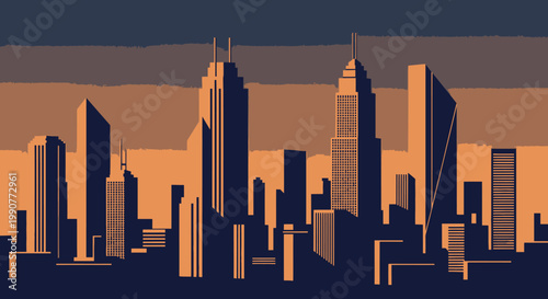 Vector illustration of a modern urban city skyline featuring building silhouettes and skyscrapers against a sunset sky and night cityscape view
