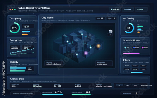 Dark urban digital twin dashboard interface with isometric city model, occupancy, energy, mobility, air quality and scenario analytics panels