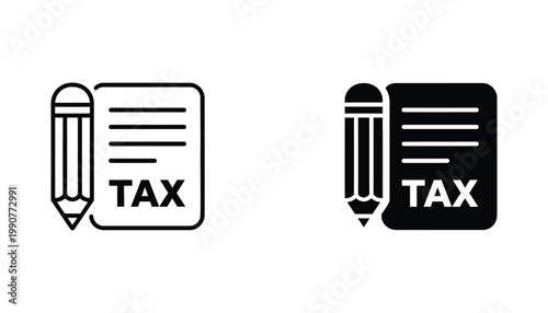 Tax document icon set with pencil and paper symbols for financial accounting and business reporting
