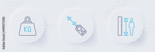 Set line Measuring height body, Laser distance measurer and Weight icon. Vector