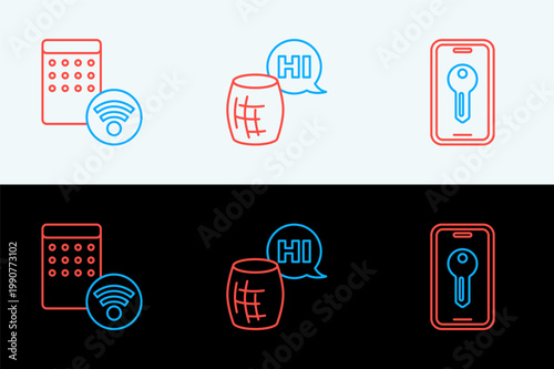 Set line Smart key, Air humidifier and Voice assistant icon. Vector