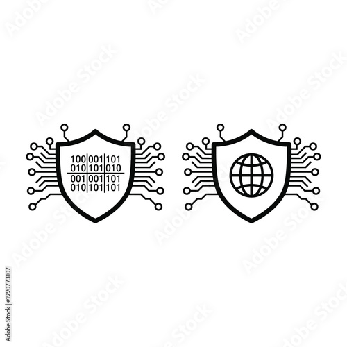 Shield icons with circuit board and globe symbols