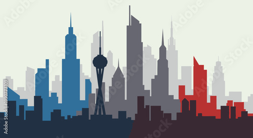 Modern Cityscape Silhouette with Skyscrapers and Urban Buildings, in Bright Studio