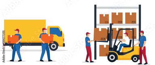 Delivery Service and Warehouse Storage Concept with Workers Carrying Boxes Forklift Loading Shelves and Cargo Truck Flat Vector Illustration Set