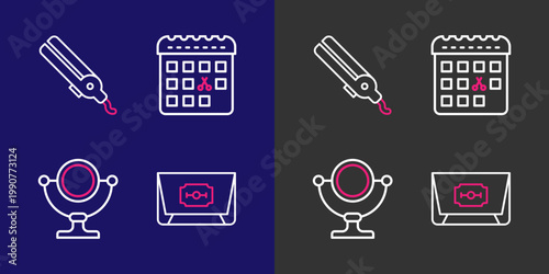 Set line Blade razor, Round makeup mirror, Calendar with haircut day and Curling iron icon. Vector