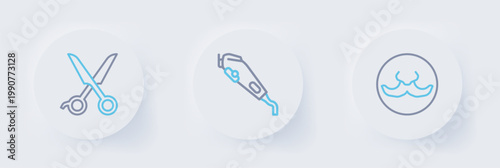 Set line Mustache, Electrical hair clipper and Scissors hairdresser icon. Vector