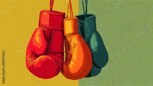 Vibrant illustration of boxing gloves hanging in contrasting colors indoors