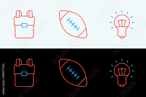 Set line Light bulb, School backpack and American football ball icon. Vector