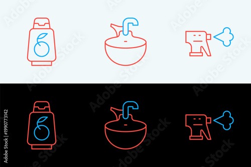 Set line Hairdresser pistol spray bottle, Bottle of shampoo and Washbasin icon. Vector