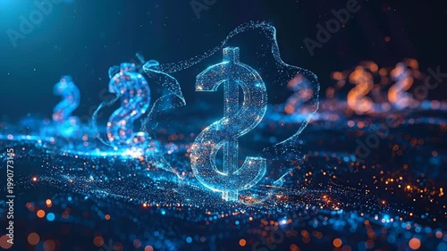 Digital Neon Dollar Symbols Floating Over Cityscape at Night.