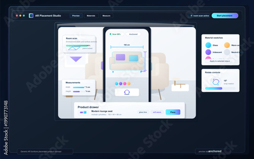 Augmented reality furniture placement dashboard with smartphone room scan, measurement tools, material swatches, and rotation controls