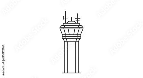 Detailed Outline Illustration of an Airport Air Traffic Control Tower with Antenna on Isolated White Background