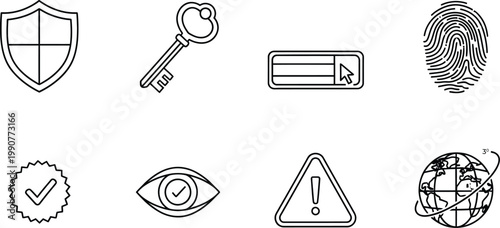 Security icons set shield key fingerprint more editable stroke vector illustration for design