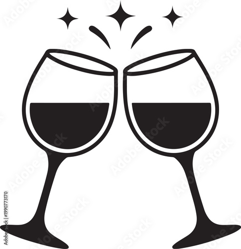 Two wine glasses clinking in celebration with sparkling stars above