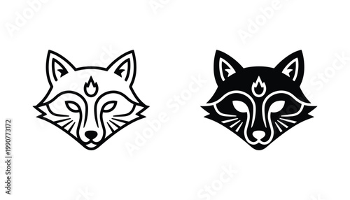 Stylized fox head logo icon set featuring a flame mark on the forehead in both outline and solid black graphic styles for creative branding and animal-themed digital media and design projects