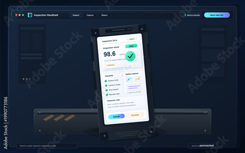 Dark industrial inspection app interface with rugged handheld device, quality control checklist, pass result and defect capture workflow panels