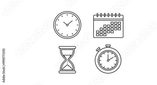 Set of time and date related icons including clock calendar hourglass and stopwatch.
