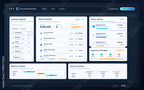 Modern procurement management dashboard with catalog categories, order overview, vendor options, budget approval, and delivery schedule.