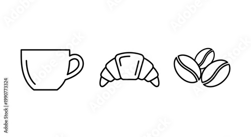 Coffee cup croissant and coffee beans.