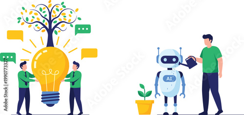 Artificial Intelligence and Human Collaboration Illustration with Robot, Lightbulb Idea Tree, and People Working Together for Innovation, Technology Concepts, and Modern Business Design