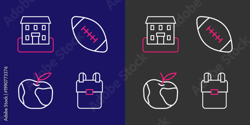Set line School backpack, Apple, American football ball and building icon. Vector