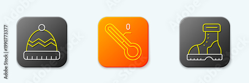 Set line Winter hat, Meteorology thermometer and Waterproof rubber boot icon. Vector