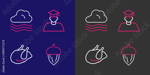 Set line Acorn, Roasted turkey chicken, Graduate and graduation cap and Windy weather icon. Vector