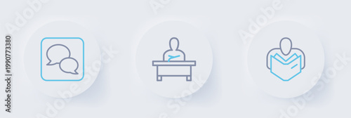 Set line Man reading book, Schoolboy sitting at desk and Speech bubble chat icon. Vector