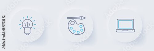 Set line Laptop, Paint brush with palette and Light bulb icon. Vector