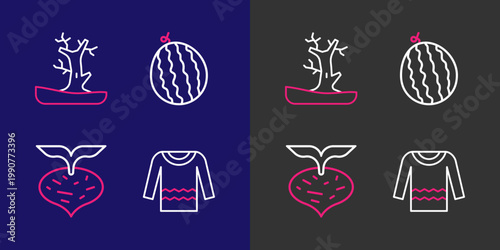 Set line Sweater, Beet, Watermelon and Bare tree icon. Vector
