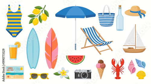 Vibrant summer beach essentials collage with swimsuits, surfboards, umbrella, deck chair, straw hat, tote bag, sunglasses, camera, and tropical fruits