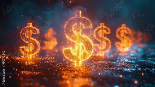 Bright Neon Dollar Signs Illuminated Over Cityscape at Night.