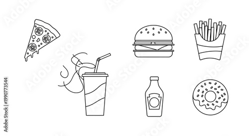 Fast Food Items Line Drawings Collection.
