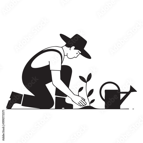 Tableau sur toile Minimalist Black Vector Silhouette Gardener Planting Icon