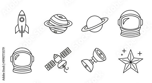 Space icons with astronaut and planets.