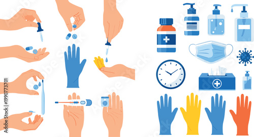 Diabetes Management and Blood Sugar Testing Illustration with Insulin Injection, Glucose Monitoring, Medication, Hygiene Supplies, and Healthcare Treatment Tools Set