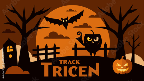 Halloween tricen logo with spooky graveyard and bat silhouettes