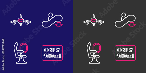 Set line Liquids in carry-on baggage, Airplane seat, Escalator down and Plane icon. Vector