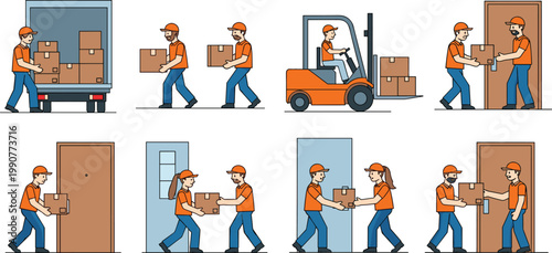 Delivery Service Illustration Set with Workers Carrying Boxes, Courier Transport, Package Handling, and Logistics Operations for Shipping, Warehouse, and Business Design