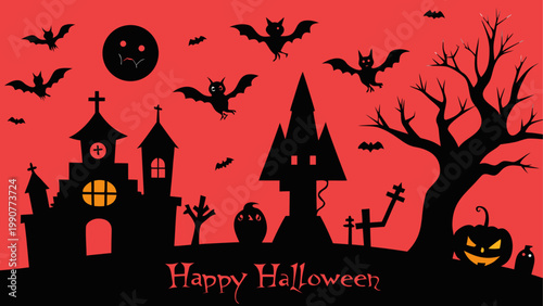 Happy halloween event with spooky castle and flying bats