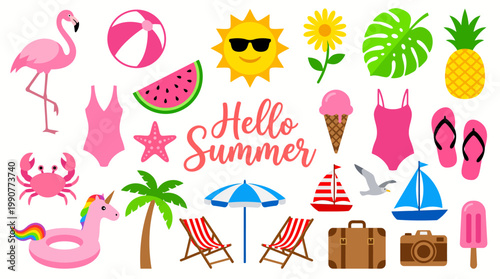 Vibrant summer collage featuring flamingos, tropical fruits, sun icons, swimwear and beach gear with Hello Summer typography